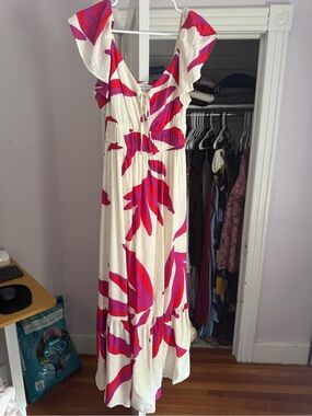 Nine West Women's Cream Maxi Dress with Pink & Red Abstract Print